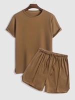 Ensemble de T-shirt Texturé à Fente Latérale à Manches Courtes et de Short à Cordon Taille unique Café