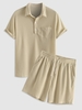 Ensemble de T-shirt Texturé avec Patte de Boutonnage à Manches Courtes à Col Polo et Short à Cordon Taille unique Café lumière