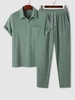 Ensemble de T-shirt Texturé en Couleur Unie à Col Polo et de Pantalon Décontracté L Vert mer