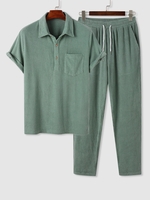 Ensemble de T-shirt Texturé en Couleur Unie à Col Polo et de Pantalon Décontracté L Vert mer