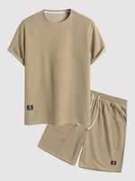 Ensemble de T-shirt Texturé en Couleur Unie Design Revers et de Short à Cordon Taille unique Café lumière