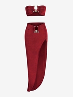 Ensemble de Top Bandeau en Jersey en Métal et de Jupe S Rouge foncé