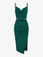 Ensemble de Top en Jersey avec Col Bénitier et de Jupe Plissée M Vert