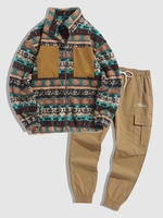 Ensemble de Veste Cargo à Imprimé Ethnique Pantalon et de Jogging en Polaire Taille unique Café lumière
