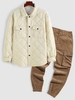Ensemble de Veste en Velours Côtelé Matelassé à Double Poches et Pantalon Cargo à Pieds de Poutre Taille unique Café