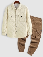 Ensemble de Veste en Velours Côtelé Matelassé à Double Poches et Pantalon Cargo à Pieds de Poutre Taille unique Café