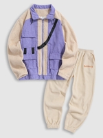 Ensemble de Veste Fourrée Jointive en Velours Côtelé avec Poche à Rabat et Pantalon à Pieds Poutres Polaire Taille unique Café lumière