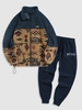 Ensemble de Veste Zippée Ethnique et de Pantalon de Survêtement Brodé en Polaire Taille unique Bleu profond