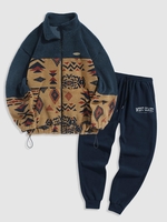 Ensemble de Veste Zippée Ethnique et de Pantalon de Survêtement Brodé en Polaire Taille unique Bleu profond