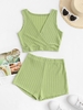Ensemble Deux Pièces T-shirt et Short en Maille Torsadée M Vert