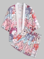 Ensemble Kimono à Imprimé Chat Dessin Animé Ouvert en Avant avec Short de Plage et Vacances Taille unique Rose clair