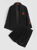 Ensemble Kimono à Imprimé Rose Brodée en Velours Côtelé et Short Deux Pièces L Noir