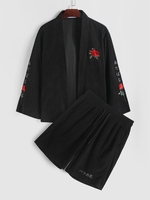 Ensemble Kimono à Imprimé Rose Brodée en Velours Côtelé et Short Deux Pièces S Noir