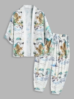 Ensemble Kimono à Imprimé Tigre Peinture et Pantalon Capri 2xl Blanc