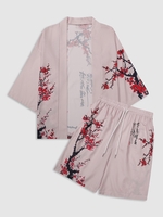 Ensemble Kimono et Short Motif Fleurs de Prunier M Rose