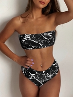 Ensemble Maillot De Bain Bikini Bandeau Marbre Imprimé à Taille Haute L Noir