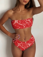 Ensemble Maillot De Bain Bikini Bandeau Marbre Imprimé à Taille Haute S Rouge