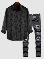 Ensemble Pantalon Déchiré et Chemise Rose en Jacquard Deux Pièces Taille unique Noir