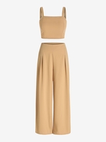 Ensemble Pantalon Smocké à Taille Haute à Jambes Larges M Café lumière