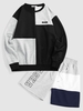 Ensemble Survêtement avec Sweat-shirt Lettre Applique en Blocs de Couleurs et de Short de Sport à Cordon Taille unique Noir