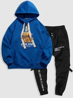 Ensemble Sweat à Capuche et Pantalon de Jogging à Imprimé Lettre Slogan Ours Taille unique Bleu