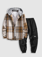 Ensemble Sweat-shirt à Capuche et Pantalon de Jogging Fluide Contrastant à Carreaux Taille unique Café lumière