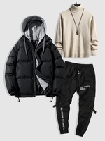 Ensemble Trois Pièces avec Pull et Manteau à Capuche en Blocs de Couleurs Faux Deux Pièces et de Pantalon de Jogging Cargo à Imprimé Lettre Tail