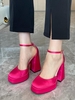 Escarpins à Talons Épais et Bride à la Cheville en Satin pour Fête