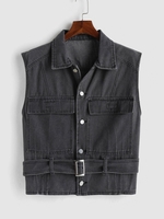 Gilet Boutonné Ceinturé avec Poche en Denim M Noir