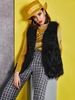Gilet Boutonné en Avant avec Fausse Fourrure S Noir