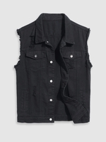 Gilet Denim Déchiré avec Multi-Poches M Noir
