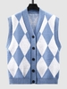 Gilet Pull Boutonné à Col V à Motifs de Losanges L Bleu ciel