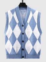 Gilet Pull Boutonné à Col V à Motifs de Losanges L Bleu ciel