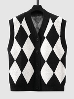 Gilet Pull Boutonné à Col V à Motifs de Losanges M Noir