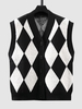 Gilet Pull Boutonné à Col V à Motifs de Losanges S Noir