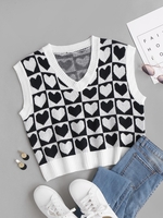 Gilet Pull Cœur Graphique à Carreaux L Noir