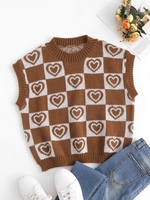 Gilet Pull Maille à Carreaux Cœur Graphique S Café