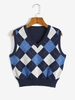 Gilet Pull Maille Losange à Col V L Bleu