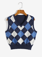 Gilet Pull Maille Losange à Col V L Bleu