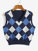 Gilet Pull Maille Losange à Col V S Bleu
