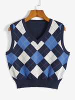Gilet Pull Maille Losange à Col V S Bleu