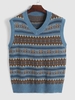 Gilet Pull Maille Tricoté à Imprimé Ethnique Aztèque L Bleu