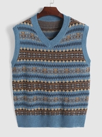 Gilet Pull Maille Tricoté à Imprimé Ethnique Aztèque L Bleu
