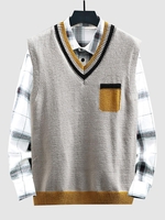 Gilet Tricoté en Couleur Jointive avec Fausse Poche Design S Gris clair