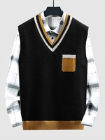 Gilet Tricoté en Couleur Jointive avec Fausse Poche Design S Noir