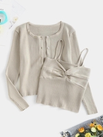 Haut à Bretelle Boutonné Côtelé avec Cardigan Taille unique Café lumière