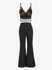 Haut à Bretelle Fleuri Brodé à Frange et Pantalon Evasé Taille unique Noir