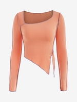 Haut Asymétrique Côtelé Cousu en Haut à Col Oblique S Orange clair