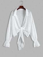 Haut Cache-maillot de Plage Noué en Avant Semi-Transparente à Manches Longues L Blanc