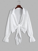 Haut Cache-maillot de Plage Noué en Avant Semi-Transparente à Manches Longues S Blanc